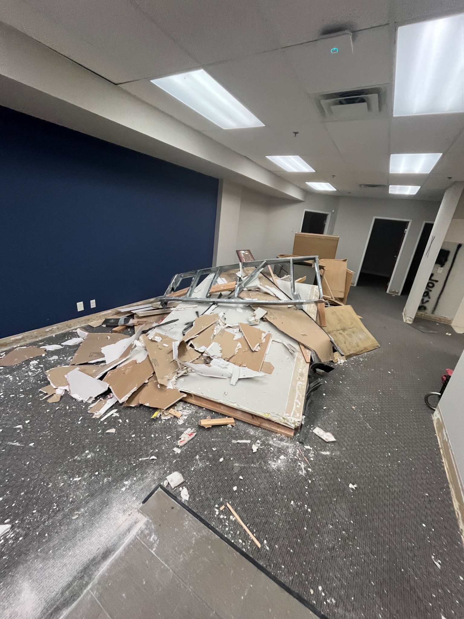 Commercial demolition debris collected in a central pile