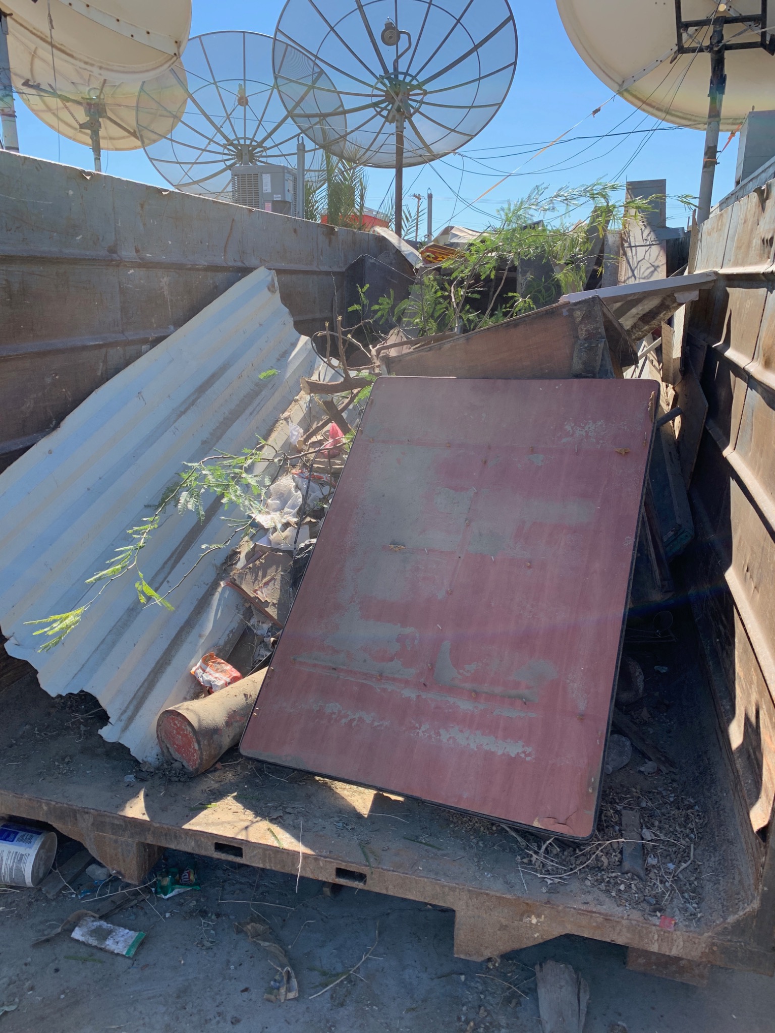 A large open container loaded with mixed outdoor debris